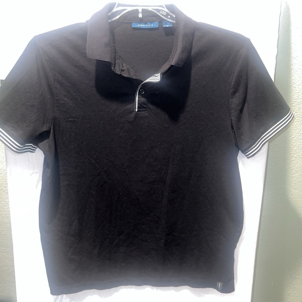 Perry Ellis Short Sleeve Polo Shirt Men's Black White Striped Collar Medium